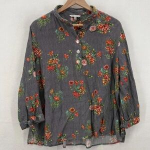 John Mark Black & White Striped Top with Multicolor Floral Print Size PS